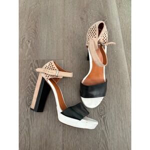 Marc by Marc Jacobs Tri-Color Block Heel‎ Platform Sandals Black White Tan 36